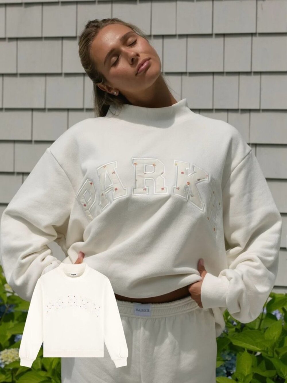 Parke Cream Floral Embroidered Varsity Mock Neck Sweatshirt L/XL